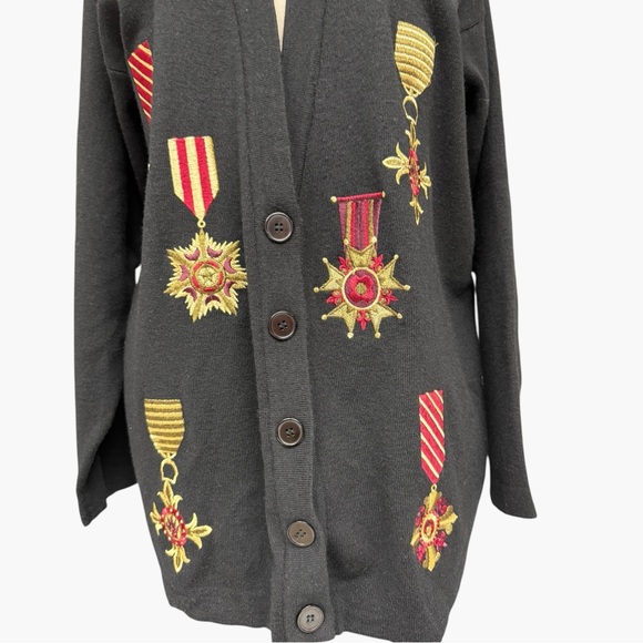 Vintage Jones New York Black Embroidered Medal Cardigan Size Medium 90s - Picture 7 of 10